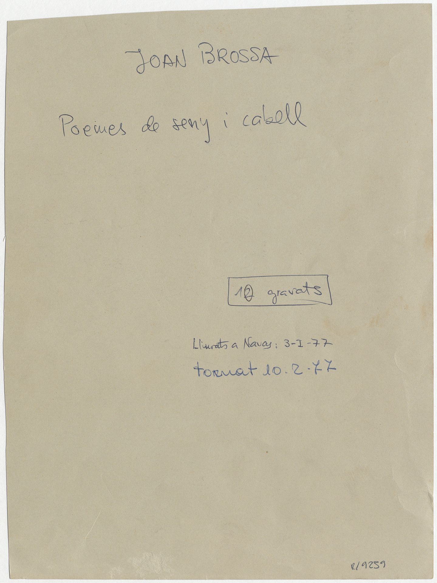 A.JBR.00884 - Poemes de seny i cabell : triada de llibres [document], Joan Brossa, [197-?]